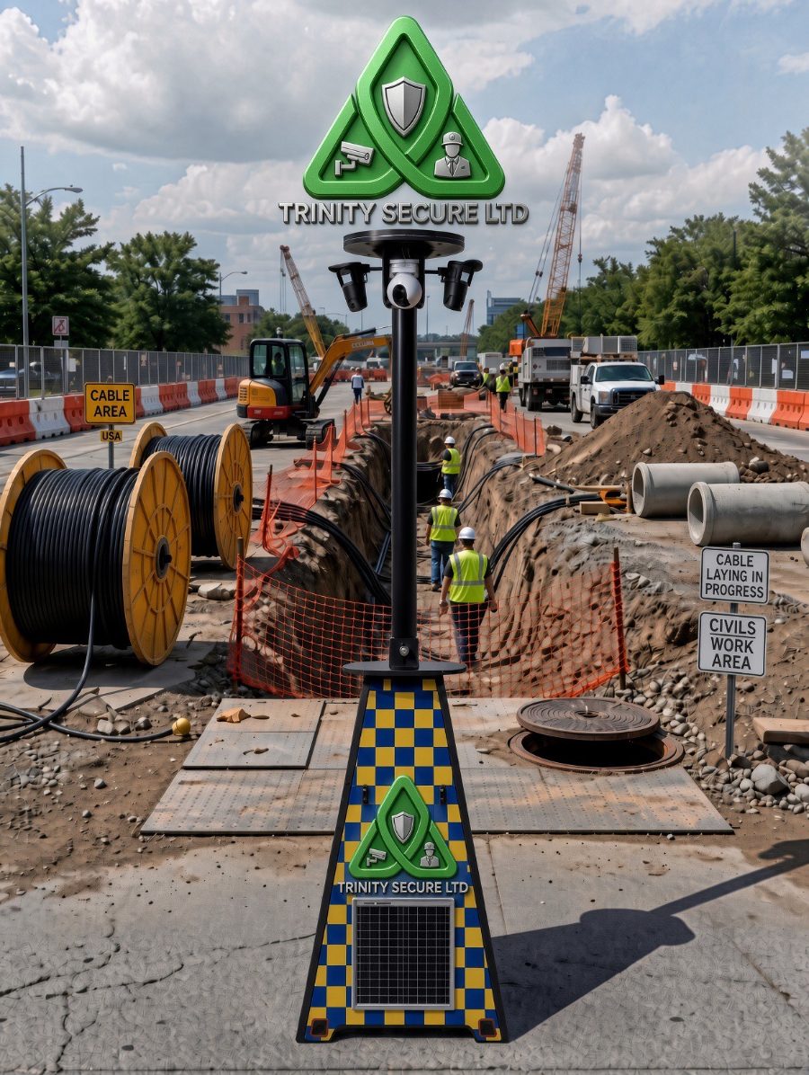 Trinity Secure solar CCTV detection tower on a construction site